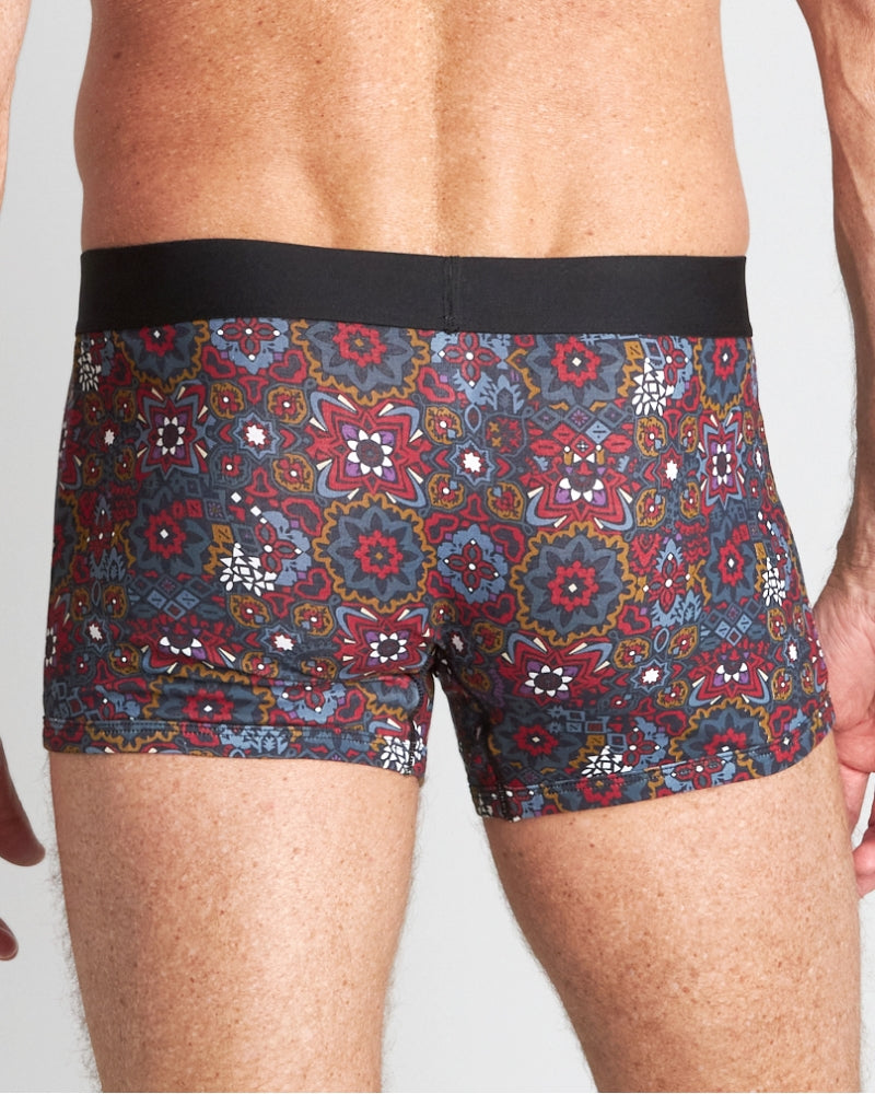 Model wears Retros Print Mens Trunk in GLOBAL TILE PRINT. On body back view