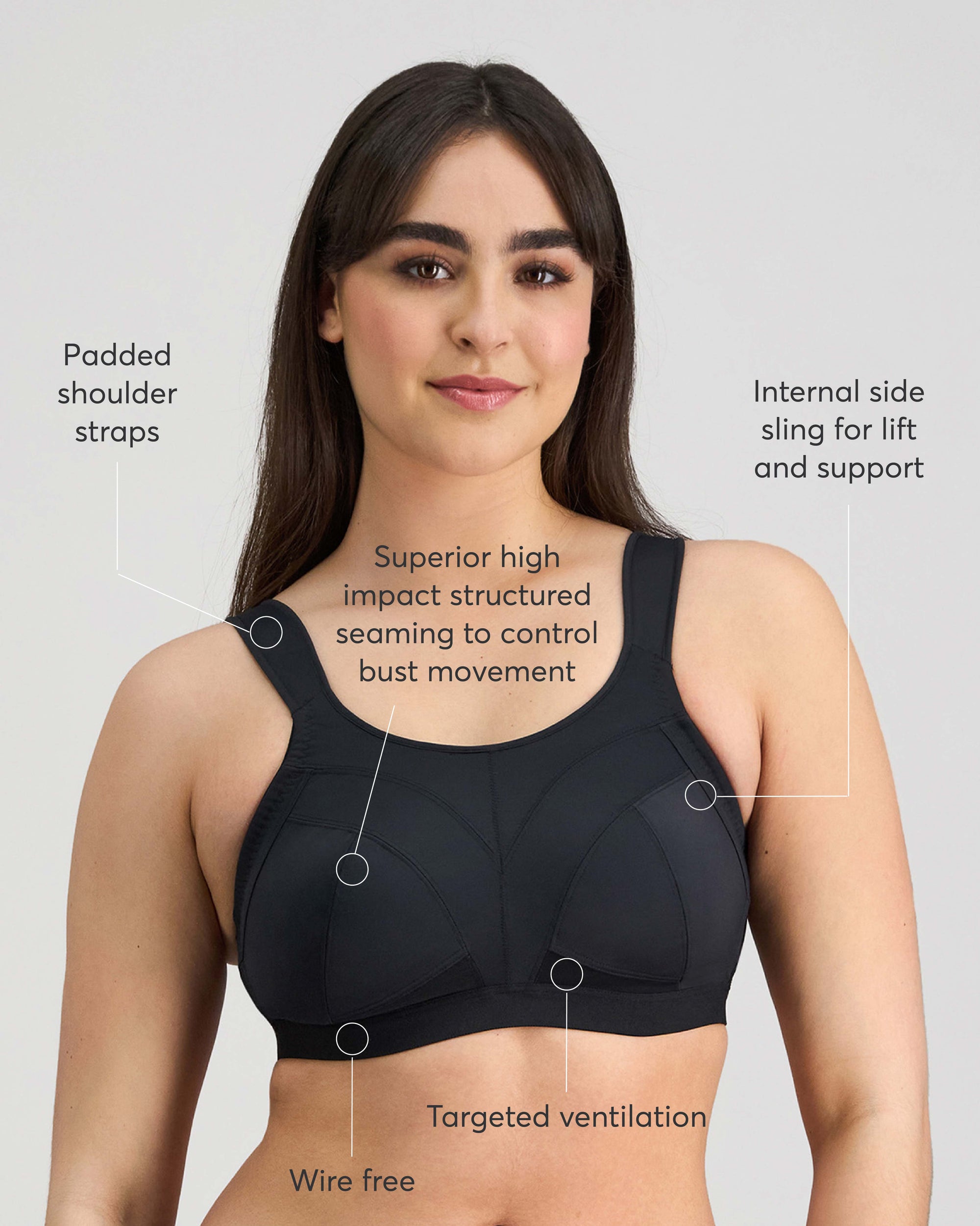 Model wears Stamina Wire Free Bra in BLACK. On body front view