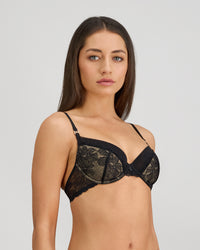 Model wears Lace Impact Contour Bra in BLACK. On body side view