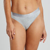 Model wears Cotton Logo Thong in GREY MARL. On body front view
