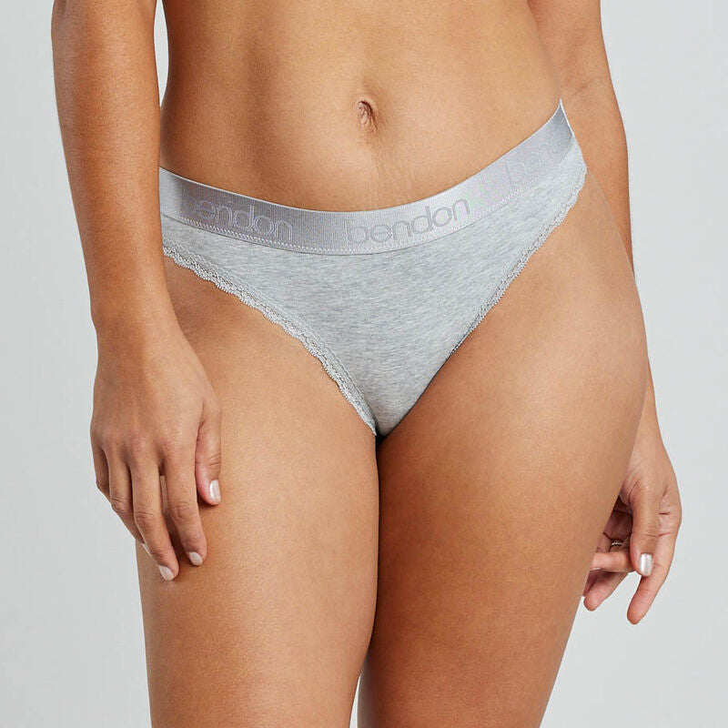 Model wears Cotton Logo Thong in GREY MARL. On body front view