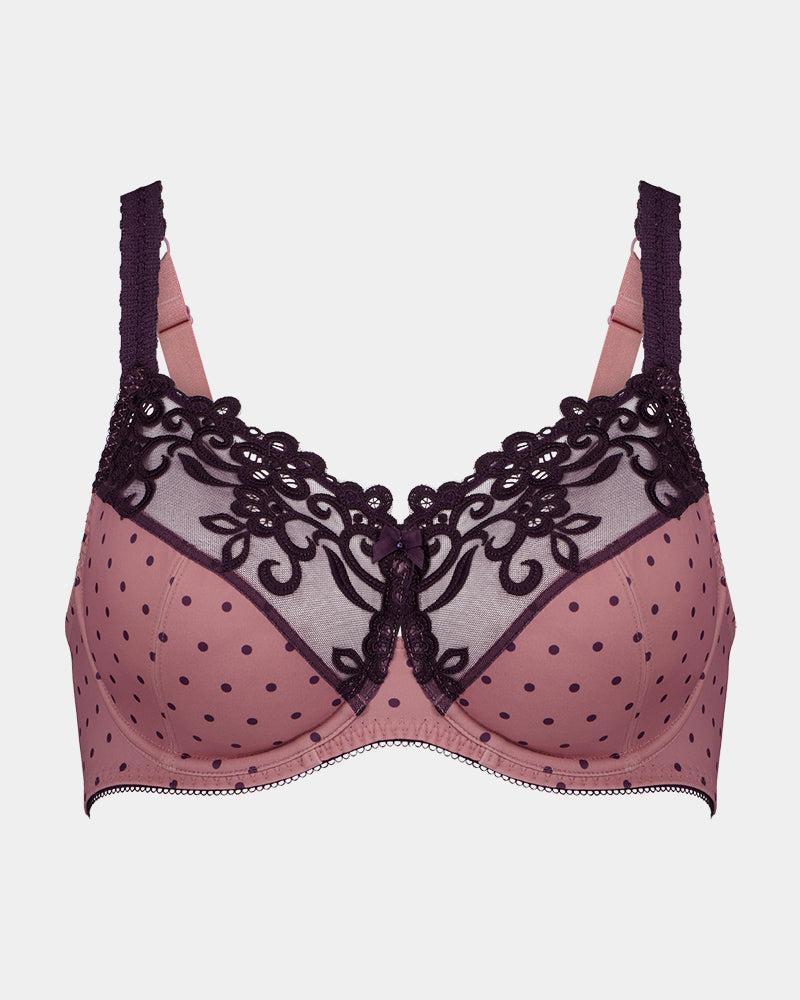 Rose Dot Underwire Bra in PLUM/LILAS. Flat lay front view