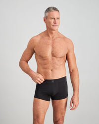 Model wears High Tech Cotton Mens Trunk in BLACK. On body front view