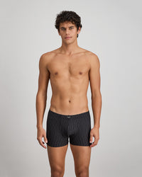 Cotton Stretch Mens Trunk in BLACK PINSTRIPE. Feature shot