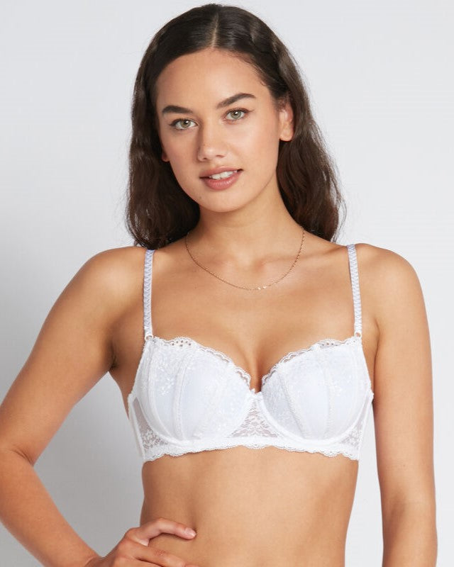 Model wears Sofia Contour Bra in BRIGHT WHITE. On body back view