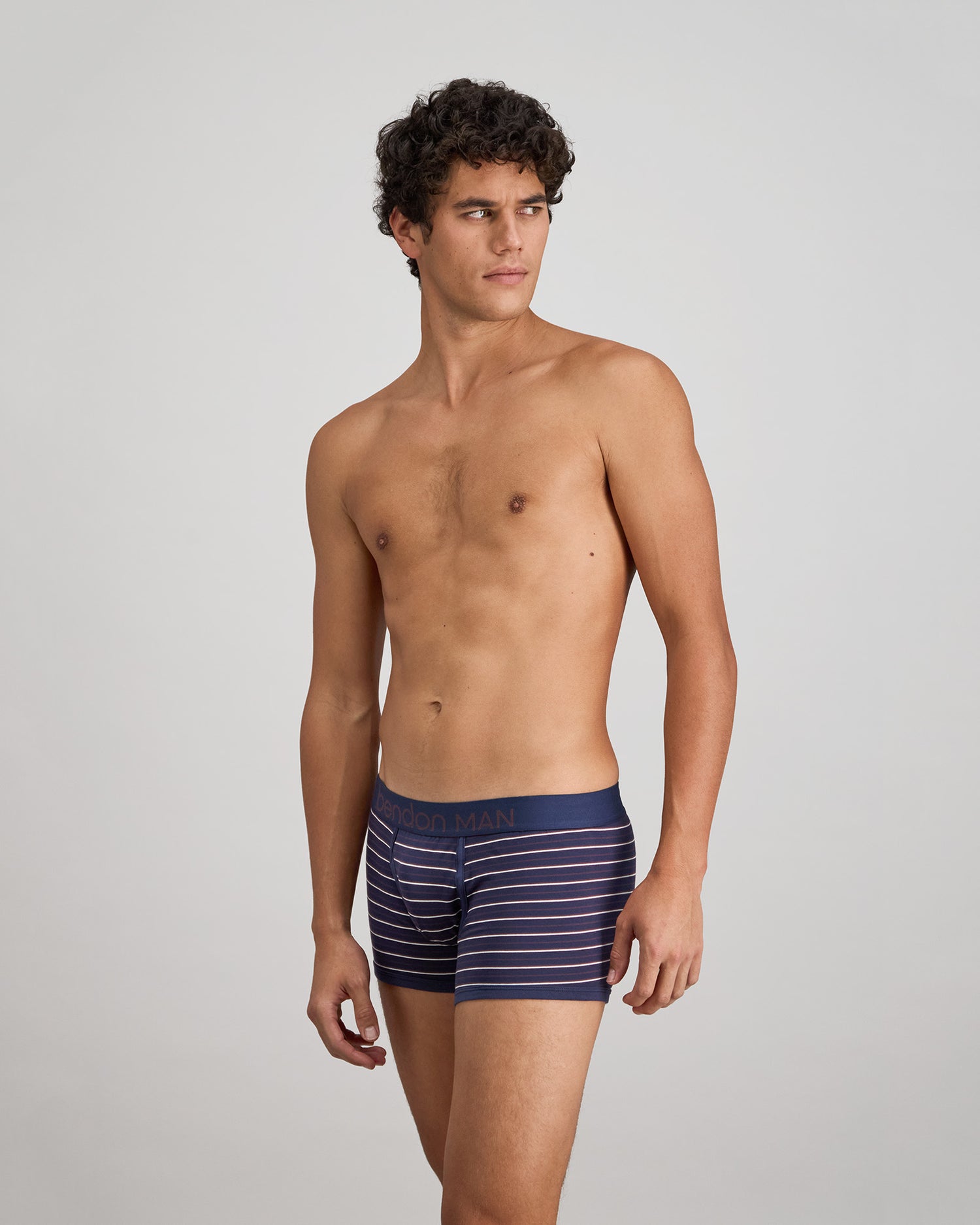 Bold Stripe Mens Trunk in PEACOAT/PLUM STRIPE. Flat lay back view