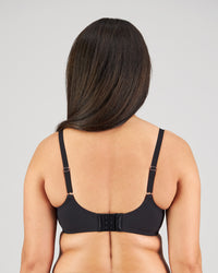 Model wears Laurel Underwire Bra in BLACK. On body back view