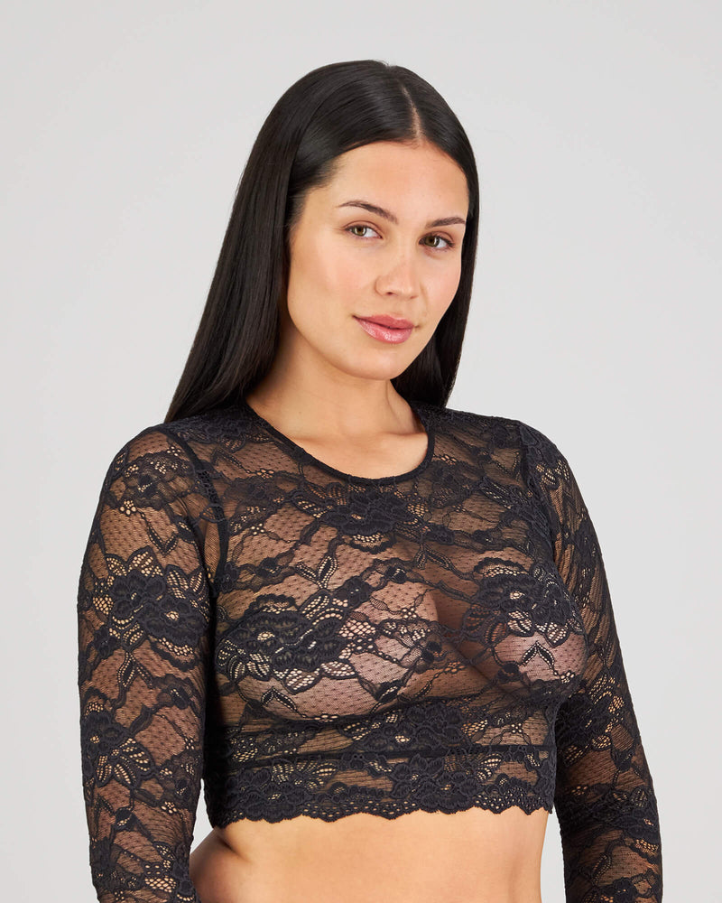 My Fit Lace Long Sleeve Top in BLACK. Flat lay back view
