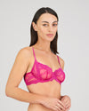 Model wears My Fit Lace Underwire Bra in FANTASY FUCHSIA. On body side view
