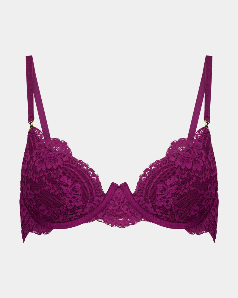 Asteria Contour Bra in BERRY. Flat lay front view