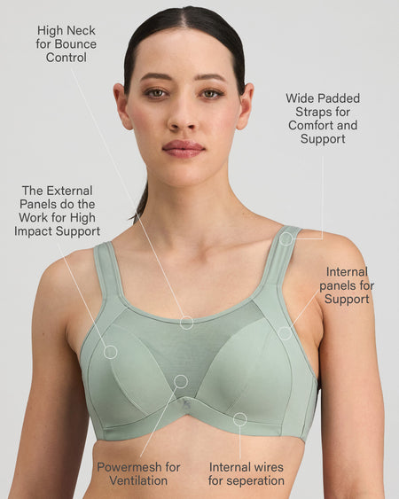 Model wears Power Underwire Bra in ICEBERG GREEN. On body front view