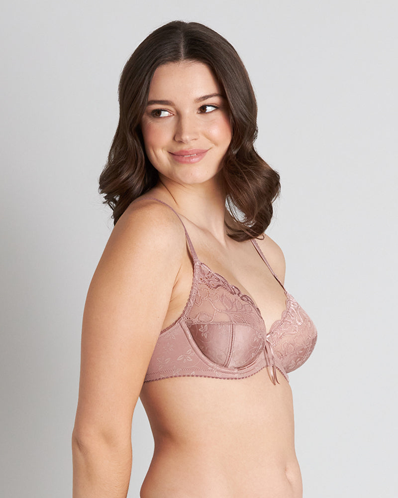 Yvette Underwire Bra in MOCHA. Flat lay back view