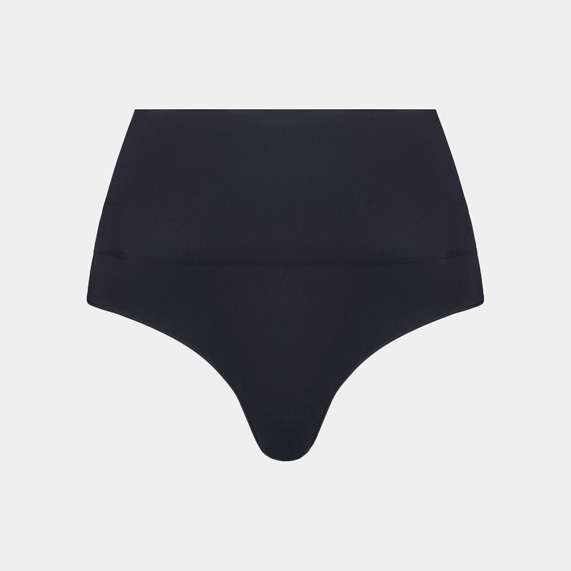 Medium Control Thong in BLACK. Flat lay front view