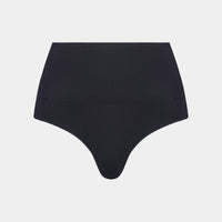 Medium Control Thong in BLACK. Flat lay front view