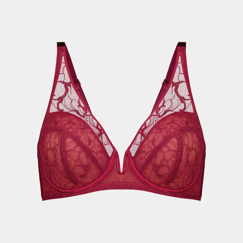 Rachel Underwire Bra in BEET RED. Flat lay front view