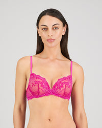 Model wears My Fit Lace Push Up Bra in FANTASY FUCHSIA. On body front view