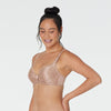 Model wears Damask Contour Bra in COCO CREME. On body side view