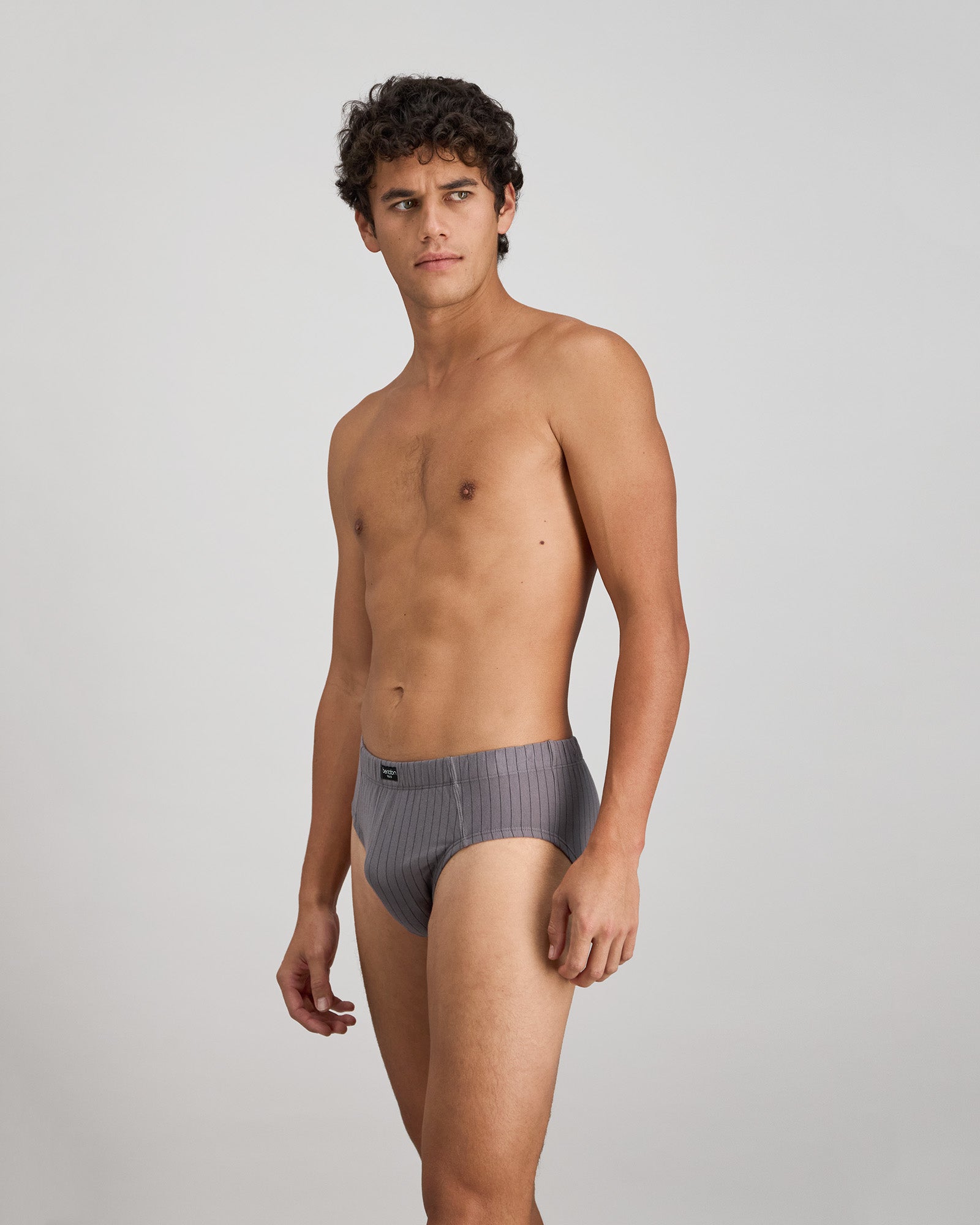 Cotton Stretch Mens Brief in ASH PINSTRIPE. Flat lay back view