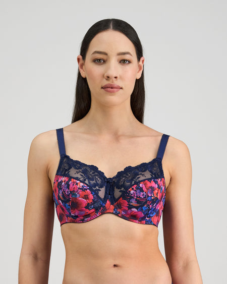 Model wears Wild Violet Underwire Bra in JAZZY FLORAL PRINT. On body front view