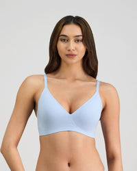 Model wears Comfit Collection Wire Free Bra in SKYWAY. On body front view