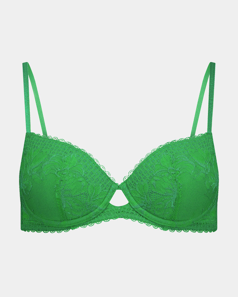 Lucie Contour Bra in PARADISE GREEN. Flat lay front view