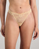 Model wears My Fit Lace Thong in FRAPPE. On body front view