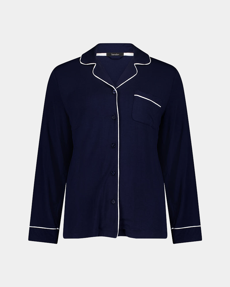 Bamboo Bliss Long Sleeve PJ Top in NAVY BLAZER. Flat lay front view