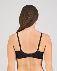 Model wears Bendon Body Lace Contour Bra in BLACK. On body back view