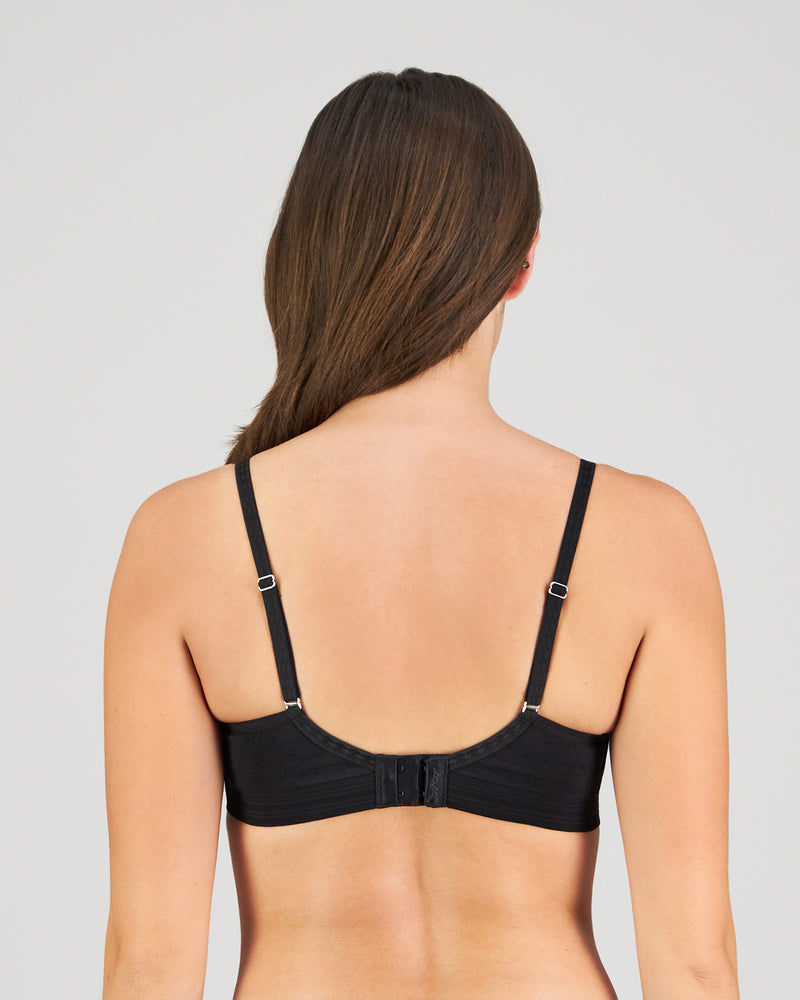 Model wears Bendon Body Lace Contour Bra in BLACK. On body back view