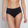 Model wears Seamless Full Brief in BLACK. On body front view