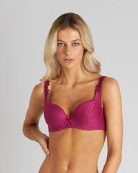 Model wears Damask Twin Pack Contour Bra Twin Pack in RASPBERRY/NOVELLE PEACH. On body front view