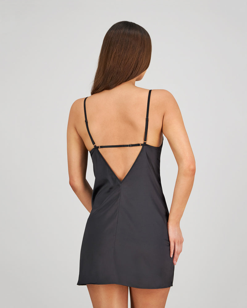 Model wears Romilly Chemise in BLACK. On body back view