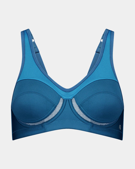 Bendon Sports Underwire Bra in COSAIR/MOSAIC BLUE. Flat lay front view
