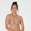 Model wears Damask Contour Bra in COCO CREME. On body front view