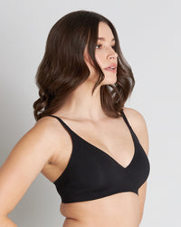 Model wears Comfit Collection Wire Free Bra in BLACK. On body side view