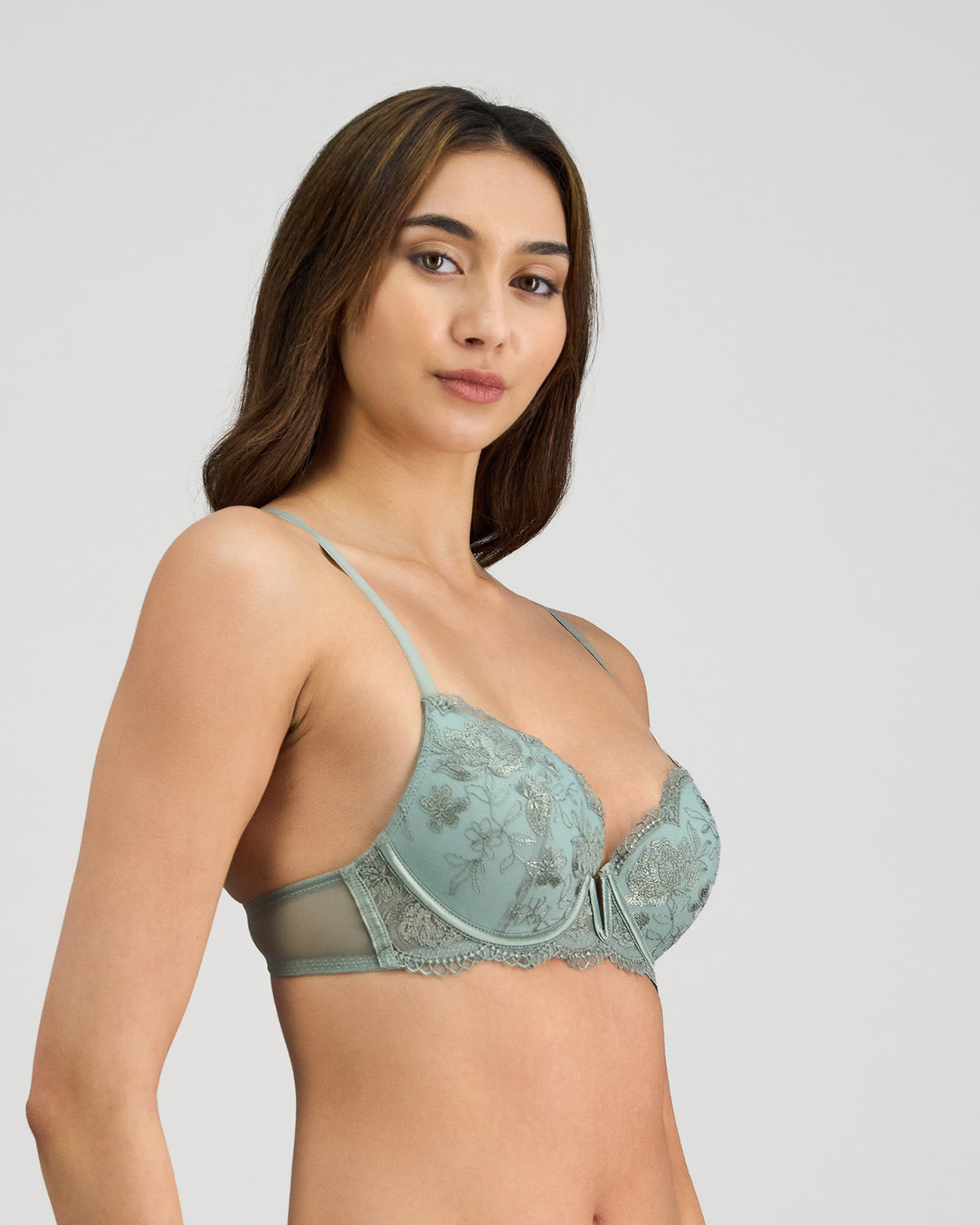 Model wears Romilly Push Up Bra in ICEBERG GREEN. On body side view