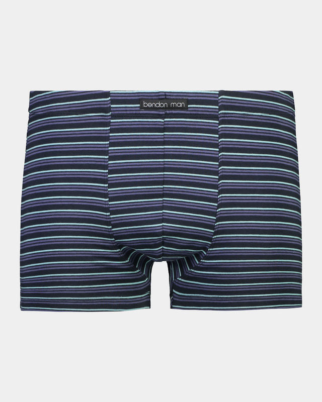 Cotton Stretch Mens Trunk in NAVY STRIPE. Flat lay front view