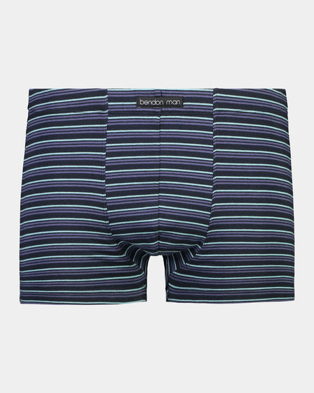Cotton Stretch Mens Trunk in NAVY STRIPE. Flat lay front view