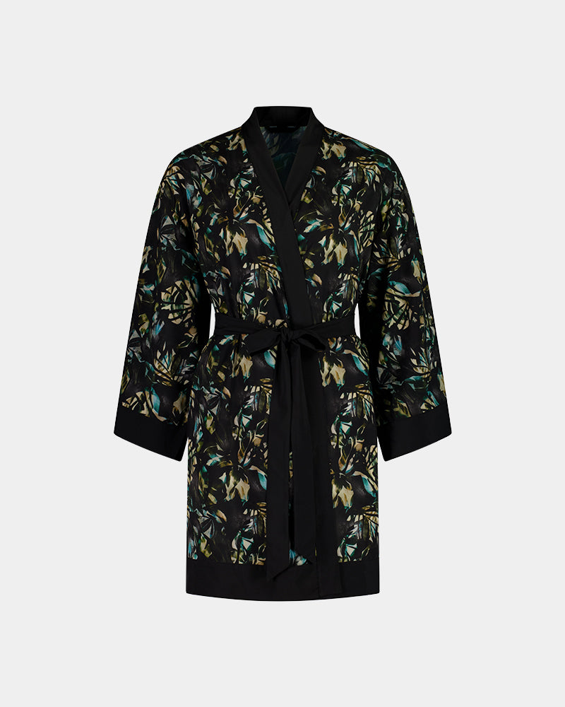 Lost Paradise Robe in BLACK PRINT. Flat lay front view