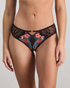 Model wears Adaline Brazilian in BLACK FLORAL PRINT. On body front view