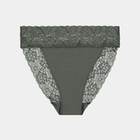 Lace Trim High Cut Brief in URBAN CHIC. Flat lay front view