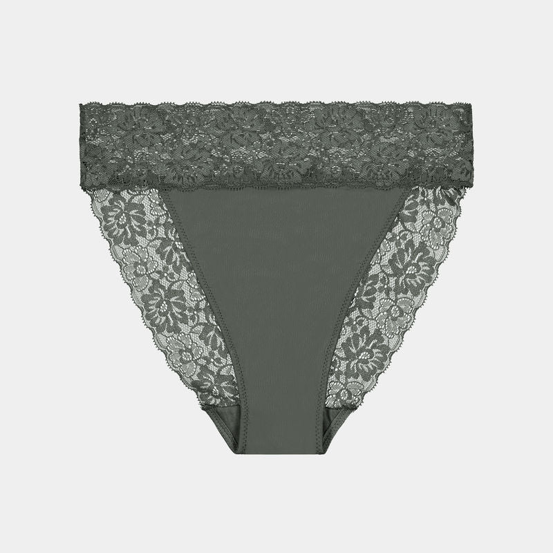 Lace Trim High Cut Brief in URBAN CHIC. Flat lay front view