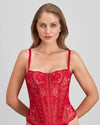 Model wears Lace Me Up Corset in JESTER RED. On body front view