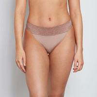 Model wears Lace Trim High Cut Brief in MOCHA. On body front view