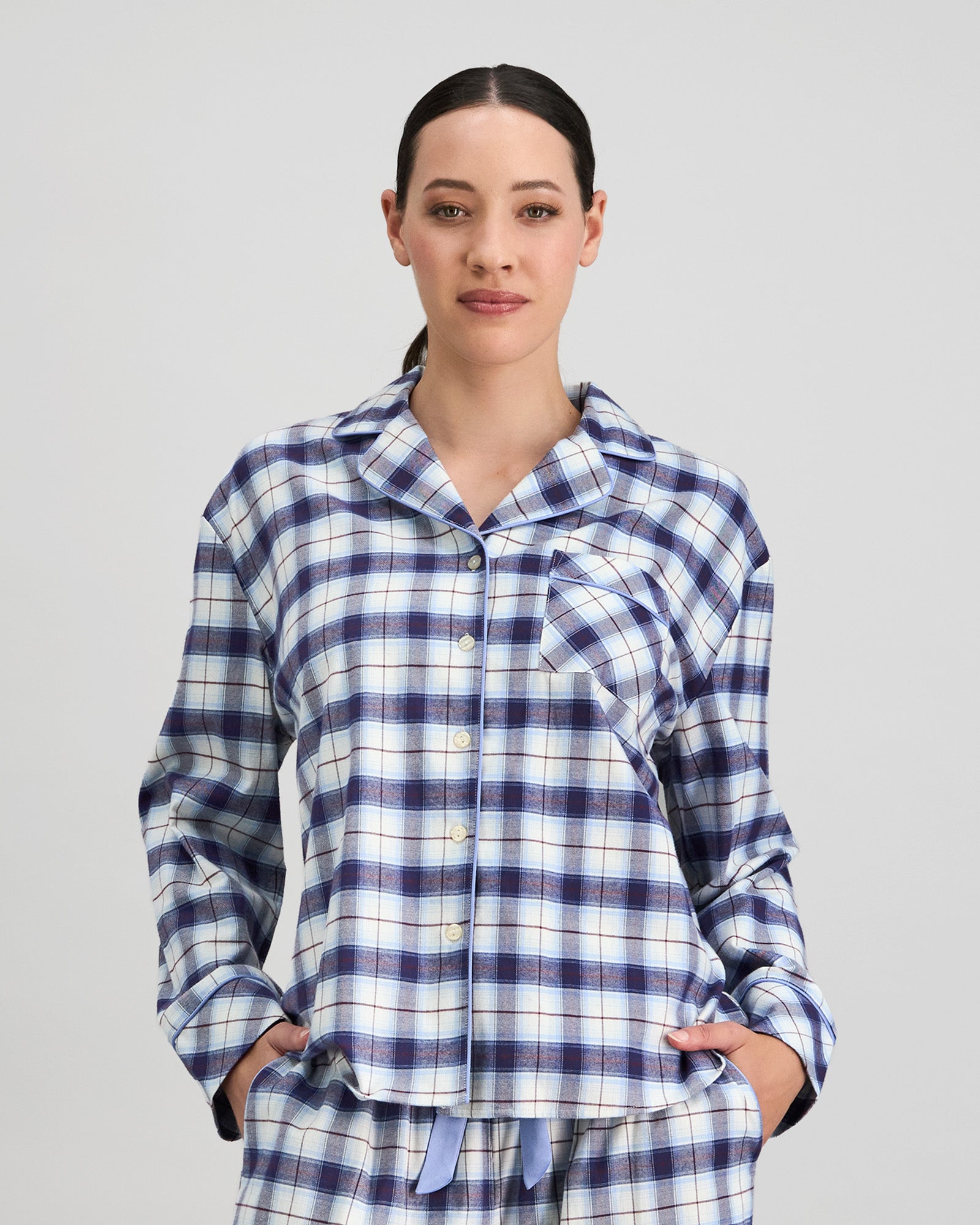 Model wears Cosy Flannel Long Sleeve Pj Top in NAVY BLAZER. On body front view