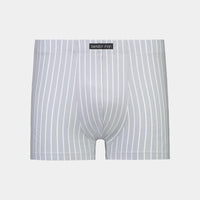 Cotton Stretch Mens Trunk in BLUE FOG STRIPE. Flat lay front view