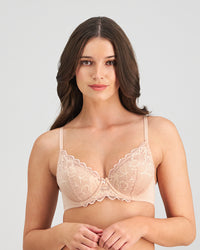Model wears Embrace Contour Bra in LATTE. On body front view
