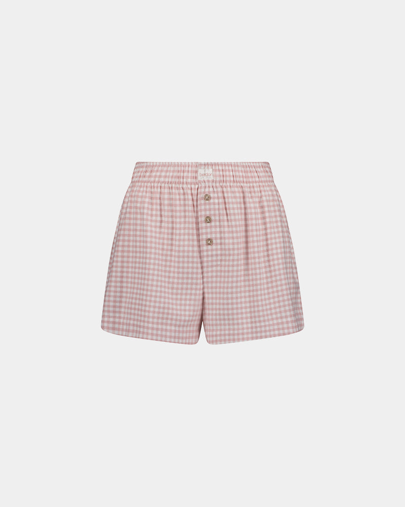 Cosy Flannel Short in ROSE MINI GINGHAM. Flat lay front view
