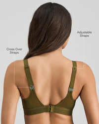 Model wears Bendon Breathe Contour Bra in DARK OLIVE/PINK. On body side view