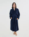 Model wears Cardrona Robe in NAVY BLAZER. On body front view